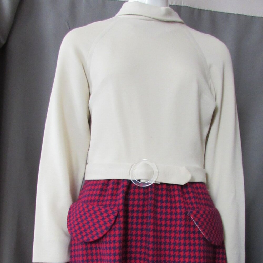 Vintage 1970 Era Dress Mock Turtleneck Navy Red Houndstooth Skirt